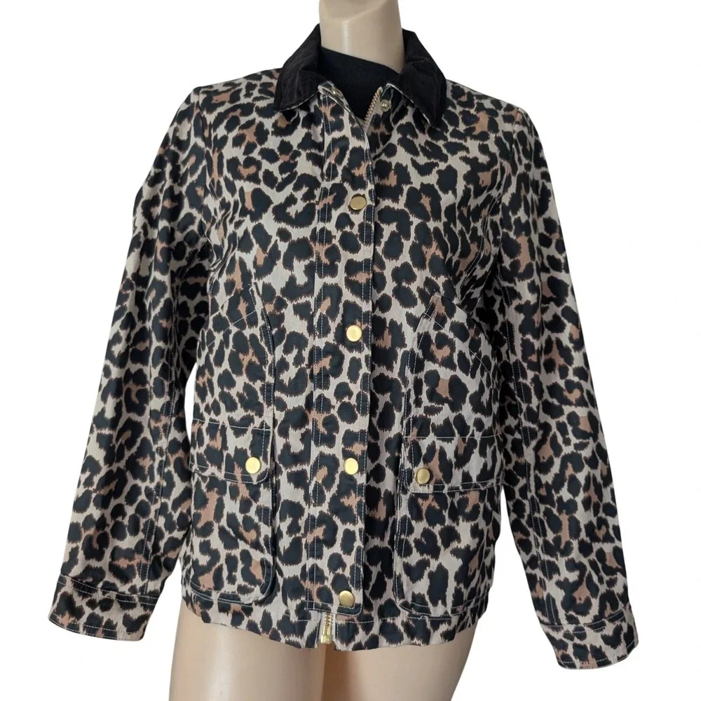 J Crew Leopard Print Barn Coat Jacket Women XS Corduroy Collar Utility Chore